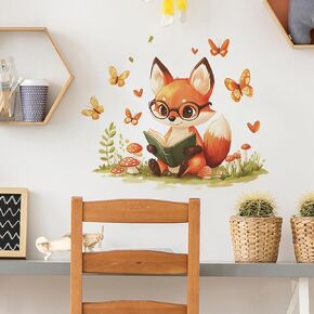 Woodland Fox Reading Wall Decal, Kids Room Nursery Decor with Butterflies and Mushrooms, 11.8 x 23.6 inches in Saudi Arabia