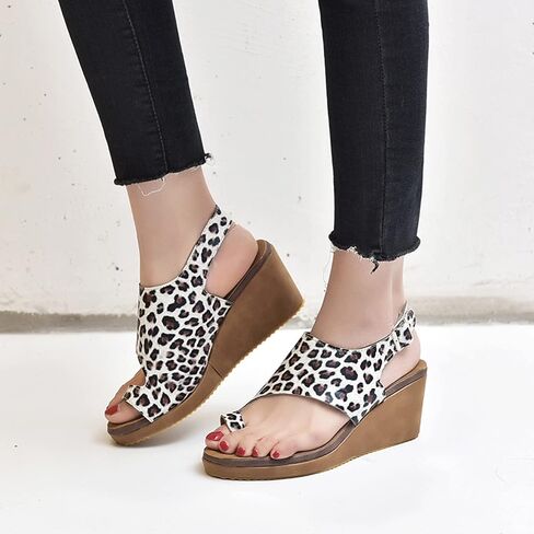 XWCG Womens Leather Leather Sandals Open Lace Up Platform Strap Summer Shoes Ring Toe Flip Flip Flops Flops Shoils Orthopedic Correction ، Leopard ، US11/EU43 in Kuwait