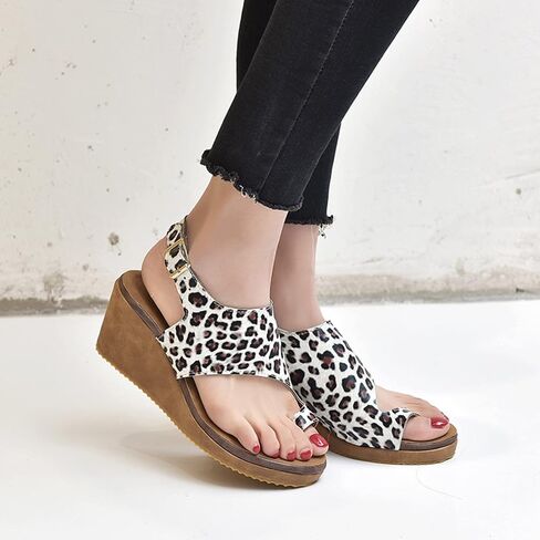 XWCG Womens Leather Leather Sandals Open Lace Up Platform Strap Summer Shoes Ring Toe Flip Flip Flops Flops Shoils Orthopedic Correction ، Leopard ، US11/EU43 in Kuwait