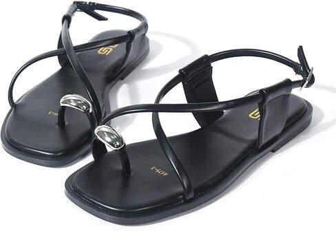 Women'S Leather Strappy Toe Ring Flat Slippers Summer Square Open Toe Buckle Strap Beach Roman Sandals Fashion Casual Thong Sandals in Saudi Arabia