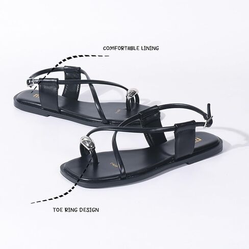 Women'S Leather Strappy Toe Ring Flat Slippers Summer Square Open Toe Buckle Strap Beach Roman Sandals Fashion Casual Thong Sandals in Saudi Arabia