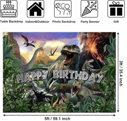 Sensfun Dinosaur Birthday Backdrop Dinosaurs World Happy Birthday Banner 3D Jungle Dino Park Bday Decorations Photography Background Boys Kids Bday Cake Table Party Supplies Photo Booth 5x3ft in Saudi Arabia