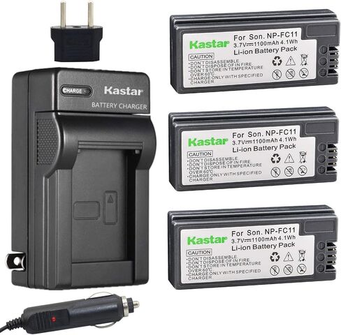 Kastar Battery 3-Pack + Charger لـ Sony NP-FC11 NP-FC10 و DSC-P12 DSC-P10 DSC-P8 DSC-V1 DSC-P7 DSC-P9 DSC-P3 DSC-F77 DSC-P10S DSC-FX77 DSC-P2 DSC-P10L DSC-P8L DSC-F77A DSC P8R in Kuwait