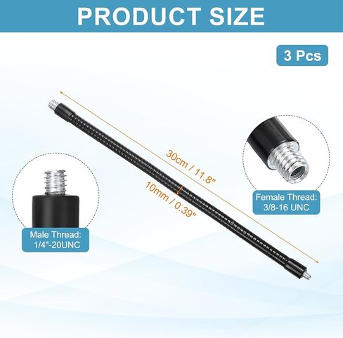 Patikil 3pcs 11.8 "Groenseck ، 1/4" ذكر إلى 3/8 "ذكور الخيط المعدني خراطيم عالمي مرن حامل أنبوب أنبوب حامل ميكروفون الهاتف الكاميرا ، الأسود in Saudi Arabia