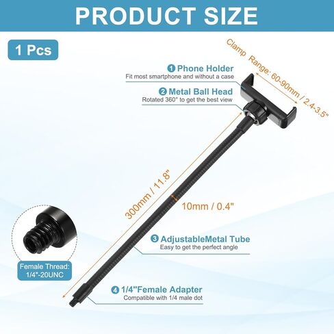 PATIKIL 11.8" Flexible Adjustable Gooseneck with Phone Clip, 1/4" Male Threaded Gooseneck Arm for Most Holder Threaded Adapter, Black in Saudi Arabia