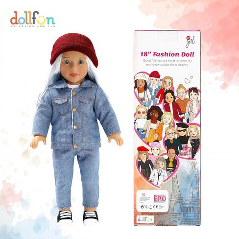 مجموعة دمى عصرية للفتيات من DOLLFUN World مقاس 45.72 سم كاتي (أستراليا) دمية أنيقة مع شعر للتصفيف والملابس والأحذية والإكسسوارات. شعر أشقر فضي وعيون زرقاء، قوقازي in Kuwait