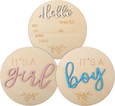 علامة إعلان الطفل 3pcs بين الجنسين تكشف عن علامات للطفل ، إنه صبي ، إنه فتاة خشبية ، Hello World Newborn ، لوحة خشبية ، ولوحة لوح الخشبية لمستشفيات الحفلات ، in Saudi Arabia