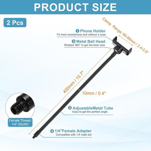 PATIKIL 2Pcs 15.7" Flexible Adjustable Gooseneck with Phone Clip, 1/4" Male Threaded Gooseneck Arm for Most Holder Threaded Adapter, Black in Saudi Arabia