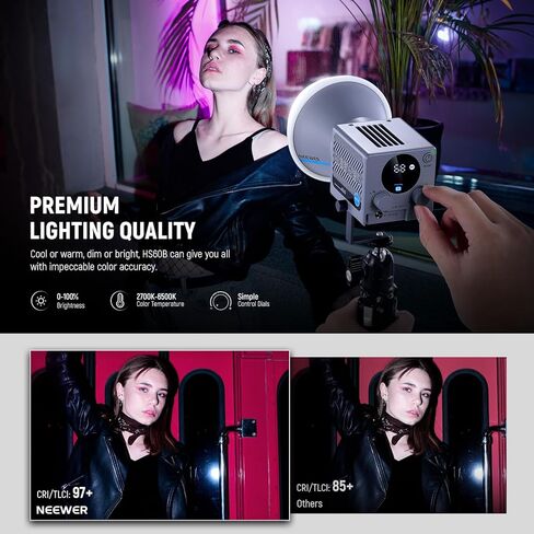 Neewer HS60B ضوء الفيديو المحمول ، مصباح Mini LED COB STUDIO مع التحكم في التطبيق 60W الإضاءة المستمرة ، 2700K-6500K 0-100 ٪ PWM Dimming ، CRI97+، 12 مشاهد ، تنظيف قطعة قماش لتسجيل فيديو التصوير الفوتوغرافي in Saudi Arabia