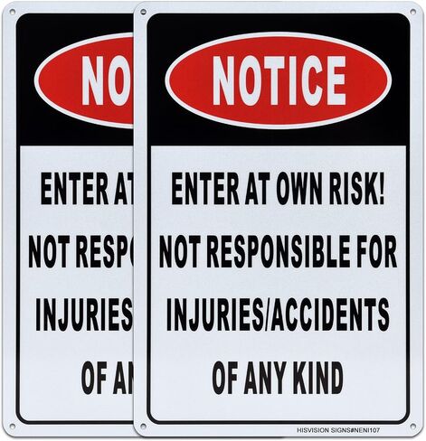 Notice Enter at Own Risk Sign, 2 Pack Not Responsible for Accidents or Injuries Sign, 12x8 Inch Aluminum Metal Caution Safety Sign, UV Protected, Ink Printing, Weatherproof, Indoor/Outdoor Use in Kuwait