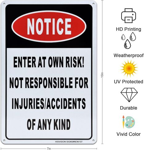 Notice Enter at Own Risk Sign, 2 Pack Not Responsible for Accidents or Injuries Sign, 12x8 Inch Aluminum Metal Caution Safety Sign, UV Protected, Ink Printing, Weatherproof, Indoor/Outdoor Use in Kuwait