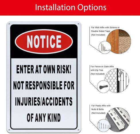 Notice Enter at Own Risk Sign, 2 Pack Not Responsible for Accidents or Injuries Sign, 12x8 Inch Aluminum Metal Caution Safety Sign, UV Protected, Ink Printing, Weatherproof, Indoor/Outdoor Use in Kuwait