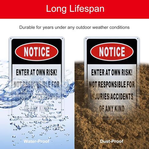 Notice Enter at Own Risk Sign, 2 Pack Not Responsible for Accidents or Injuries Sign, 12x8 Inch Aluminum Metal Caution Safety Sign, UV Protected, Ink Printing, Weatherproof, Indoor/Outdoor Use in Kuwait