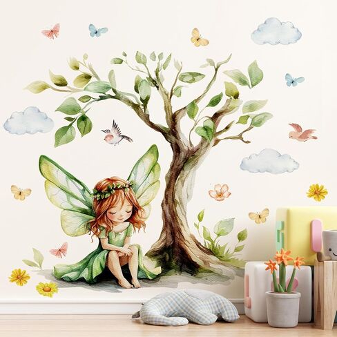 2Sheets Removable Cartoon Green Butterfly Elf Girl Decals Fairy Wall Decals DIY Tree and Leaves Wall Sticker Peel and Stick Butterfly Bird Art for Girls Room Living Room Bedroom Bathroom Decor in Kuwait