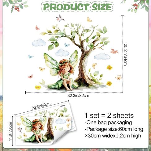 2Sheets Removable Cartoon Green Butterfly Elf Girl Decals Fairy Wall Decals DIY Tree and Leaves Wall Sticker Peel and Stick Butterfly Bird Art for Girls Room Living Room Bedroom Bathroom Decor in Kuwait