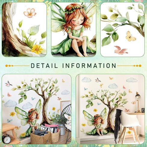 2Sheets Removable Cartoon Green Butterfly Elf Girl Decals Fairy Wall Decals DIY Tree and Leaves Wall Sticker Peel and Stick Butterfly Bird Art for Girls Room Living Room Bedroom Bathroom Decor in Kuwait