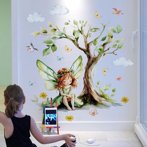 2Sheets Removable Cartoon Green Butterfly Elf Girl Decals Fairy Wall Decals DIY Tree and Leaves Wall Sticker Peel and Stick Butterfly Bird Art for Girls Room Living Room Bedroom Bathroom Decor in Kuwait