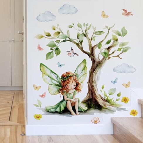 2Sheets Removable Cartoon Green Butterfly Elf Girl Decals Fairy Wall Decals DIY Tree and Leaves Wall Sticker Peel and Stick Butterfly Bird Art for Girls Room Living Room Bedroom Bathroom Decor in Kuwait