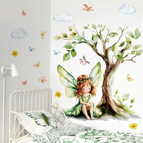 2Sheets Removable Cartoon Green Butterfly Elf Girl Decals Fairy Wall Decals DIY Tree and Leaves Wall Sticker Peel and Stick Butterfly Bird Art for Girls Room Living Room Bedroom Bathroom Decor in Kuwait