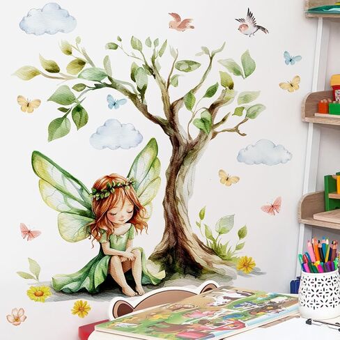 2Sheets Removable Cartoon Green Butterfly Elf Girl Decals Fairy Wall Decals DIY Tree and Leaves Wall Sticker Peel and Stick Butterfly Bird Art for Girls Room Living Room Bedroom Bathroom Decor in Kuwait