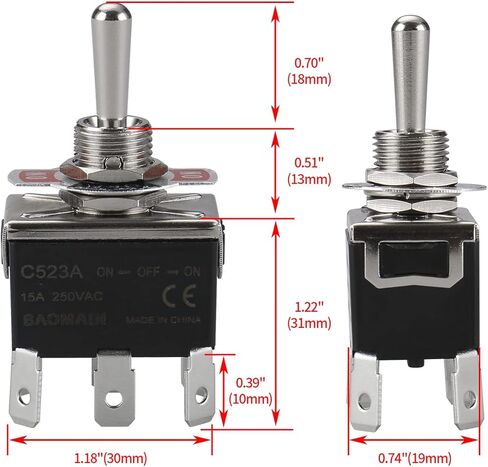 Baomain تبديل التبديل SPDT ON / OFF / ON 3 موقف 250VAC 15A 1/2 "C513A تصاعد ثقب تبويب الطرفية 1/4" العرض in Kuwait