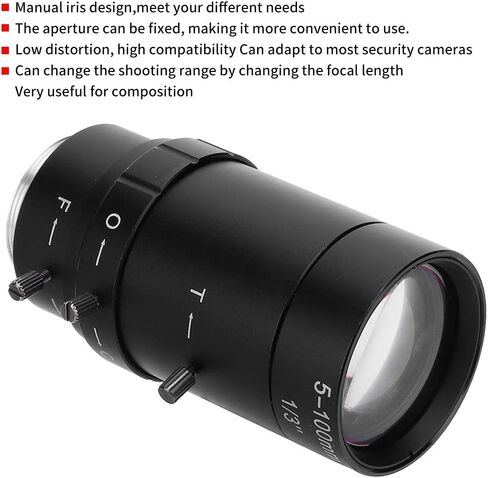 1.3MP Zoom Camera Lens, Aluminum Alloy 5 to 100mm Focal Length Manual Aperture CCTV Lens, for Security Cameras in Kuwait