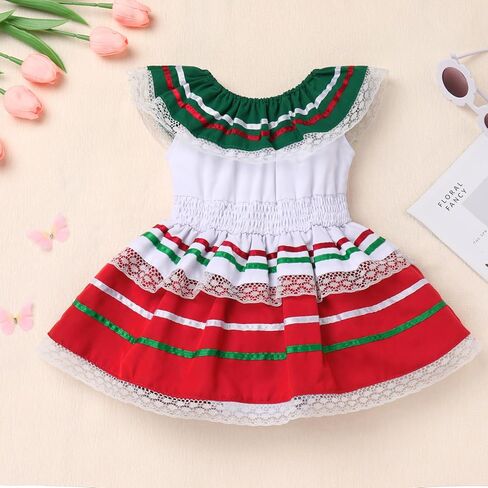 Baby Girls Off Shoulder Mexican Dress Cinco De Mayo Dress Ruffle Striped Tutu Dresses Casual Festival Ethnic Birthday Dress in Saudi Arabia