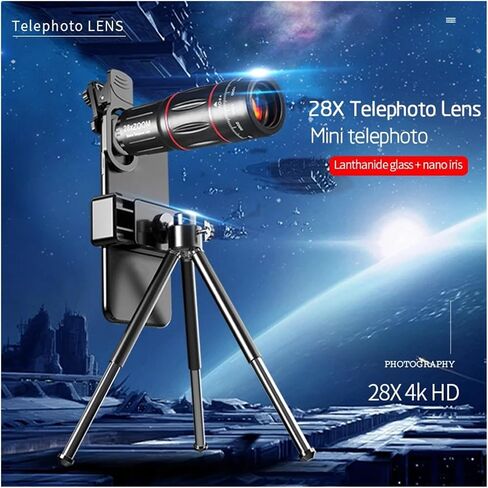 4K HD 28X Telephoto Lens - Smartphone Monocular Telescope with Tripod, Universal Clip, Zoom Functionality, Crisp Images in Saudi Arabia