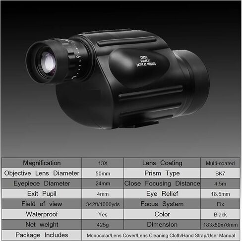 13x50 Waterproof and Fog Proof Monocular Telescope - with Di Reticle for Sporting Events and Hiking - Sharp Images in Saudi Arabia