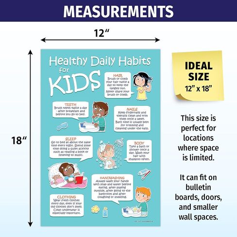 Kids 7 Healthy Daily Habits Hygiene Poster - Laminated - Preschool, Elementary School Nurse Office Decor - Pediatric Poster - Health Chart, 12" x 18" in Kuwait