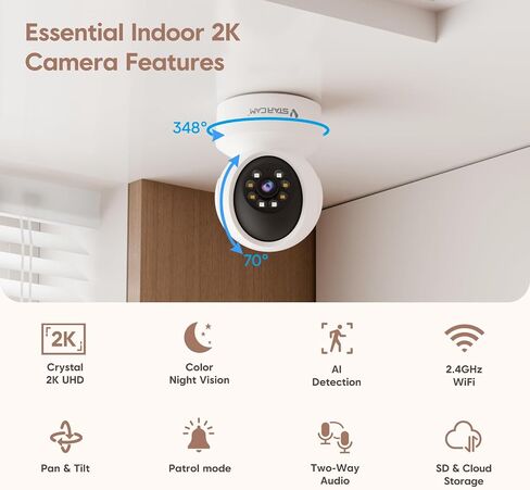 720P Indoor Cameras for Home, 360° Indoor Pet Camera with Speaker Color Night Vision, Motion Detection, 24/7 SD & Cloud Storage, 2.4GHz WiFi Camera in Saudi Arabia