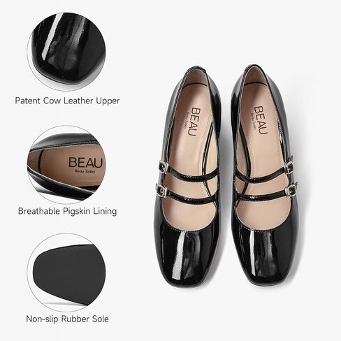Beau Today Mary Jane Pumps for Women ، الكعب المكتنزة للسيدات ماري جينس ، وبراءات الاختراع من منصة مضخات من منصة مغلقة مربع مربع أحذية حزام مريحة للنساء للنساء in Kuwait