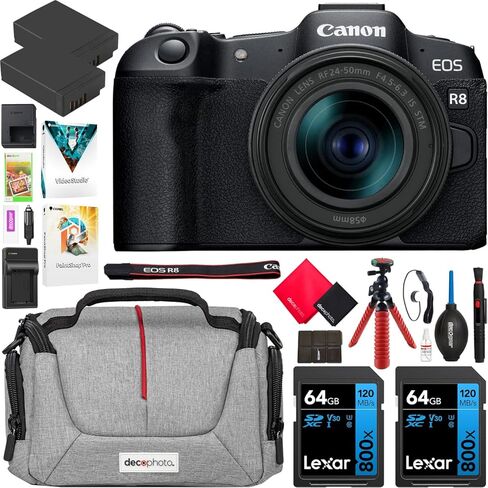 Canon EOS R8 إطار كامل إطار الكاميرا بدون مرآة مع RF 24-50 مم f4.5-6.3 هو STM عدسة 5803C012 حزمة مع حقيبة التصوير الفوتوغرافي DECO + 2 X بطارية + 2 × 64 جيجابايت بطاقات الذاكرة + إكسسوارات مجموعة in Kuwait