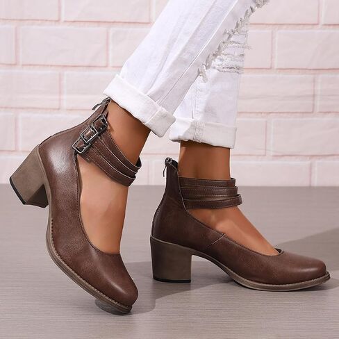 Women's Mary Jane Closed Toe Pumps Block Heels Comfortable Triple Buckle Strap Retro Dress Shoes in Saudi Arabia