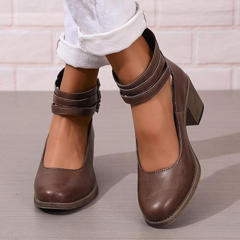 Women's Mary Jane Closed Toe Pumps Block Heels Comfortable Triple Buckle Strap Retro Dress Shoes in Saudi Arabia