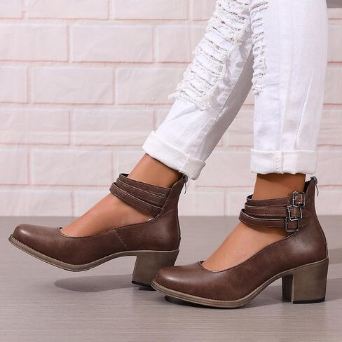 Women's Mary Jane Closed Toe Pumps Block Heels Comfortable Triple Buckle Strap Retro Dress Shoes in Saudi Arabia