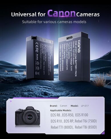 Llano Aurora USB-C LP-E17 بطاريات Canon EOS R50 R1 R10 R100 RP T6I T7I T8I T6S ​​SL3 M3 M5 M6 77D 200D 250D 750D 760D 800D 8000D ، عرض فوري للسلطة ، بديل الشحن السريع (1 حزمة) in Kuwait