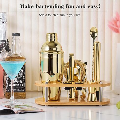 Cocktail Shaker Set Bartender Kit 26-Piece Stainless Steel Bar Tool Set with Bamboo Stand,Home Cocktail Tool with All Bar Accessories (Silver) in Saudi Arabia
