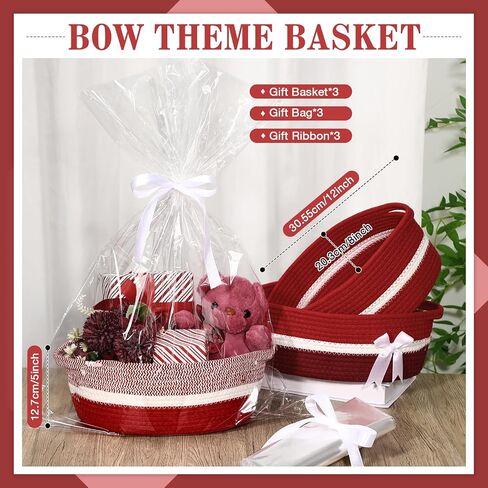 Colingmill 3 Pack Small Bow Woven Basket Empty with Handles Gift Bags and Ribbon 12" x 8" x 5" Gift Baskets to Fill Storage Box Pet Toy Wedding Presents Christmas Birthday(Brown) in Saudi Arabia
