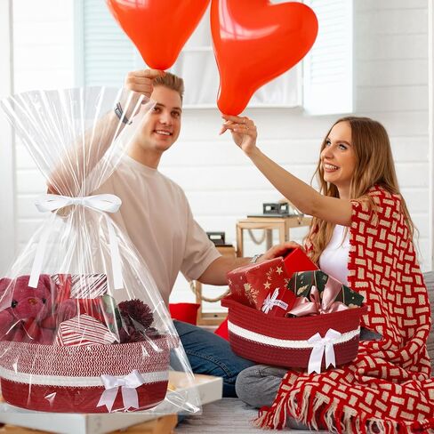 Colingmill 3 Pack Small Bow Woven Basket Empty with Handles Gift Bags and Ribbon 12" x 8" x 5" Gift Baskets to Fill Storage Box Pet Toy Wedding Presents Christmas Birthday(Brown) in Saudi Arabia