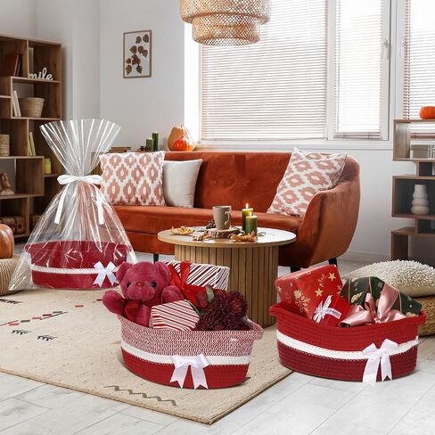 Colingmill 3 Pack Small Bow Woven Basket Empty with Handles Gift Bags and Ribbon 12" x 8" x 5" Gift Baskets to Fill Storage Box Pet Toy Wedding Presents Christmas Birthday(Brown) in Saudi Arabia
