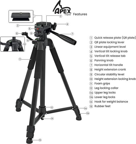 Creative Mark Apex Tripod for Camera - Lightweight Aluminum Camera Tripod Stand with 360° Pan, 90° Forward Backward & Side Tilt, Adjustable Height, Quick-Release Plate and Nylon Carrying Case in Saudi Arabia