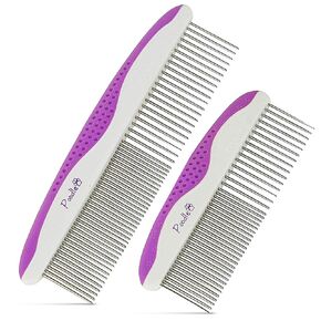 Poodle Pet Dog Combs for Grooming | 2 Pack | Stainless Steel Teeth Easily Remove Dirt | Proper Care Prevents Knots and Mats for Long and Short Haired Pets |Anti-Slip Comfort Grip Handle| Purple