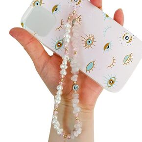 Evil Eye Beaded Phone Charm Pearl Beaded Phone Strap Rose Quartz Gemstone Phone Strap Y2K Chain for Mobile Phone Wrist Phone Case String Phone Bracelet Handmade Phone Jewelry for Women Girls
