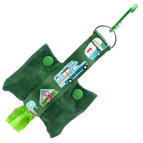RV Camping Dog Poop Bag Dispenser - Fashion Tote Waste Bag Holder - Bottom Dispensing For One-Handed Use - Clips on Leash - Forest Green - Handmade by Green Acorn Kitchen
