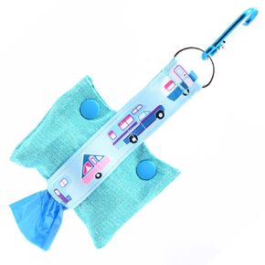 RV Camping Dog Poop Bag Dispenser - Fashion Tote Waste Bag Holder - Bottom Dispensing For One-Handed Use - Clips on Leash - Aqua Blue - Handmade by Green Acorn Kitchen