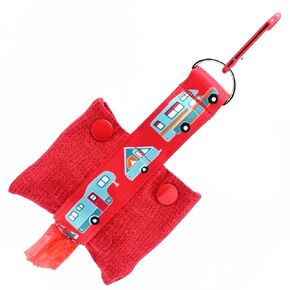 RV Camping Dog Poop Bag Dispenser - Red Fashion Tote Waste Bag Holder - Bottom Dispensing For One-Handed Use - Clips on Leash - Handmade by Green Acorn Kitchen