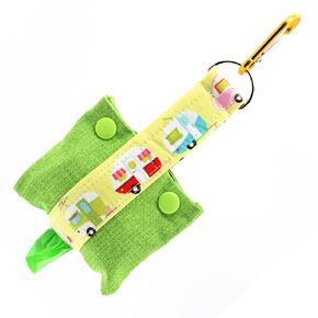 Dog Poop Bag Dispenser With Clip - Fashion Tote Waste Bag Holder - Bottom Dispensing For One-Handed Use - Clips on Leash - RV Campers on Yellow and Green - Handmade by Green Acorn Kitchen