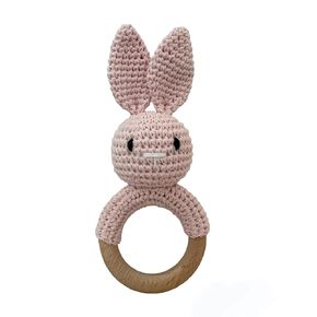 Baby Gift Rattle and Teether Toy Handmade Crochet, Safe and Non-Toxic Beechwood, Sensory Development for Baby, Amigurumi Baby Bunny, Skwish (Cream)