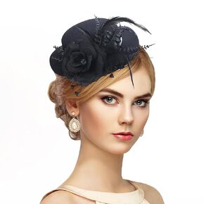 Fascinator High Tea Hat - Women's Black Mini Clip On 20s 50s Kentucky Derby Cocktail Pillbox Cups Dress Hat with Flower and Feather Decoration